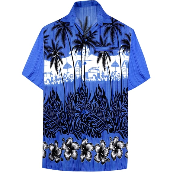 HAPPY BAY Men's Hawaiian Shirts Short Sleeve Button Down Shirt Men's Summer Shirts Casual Beach Vacation Hawaii Island Shirts for Men Funny 7XL Dark Bushy, Blue