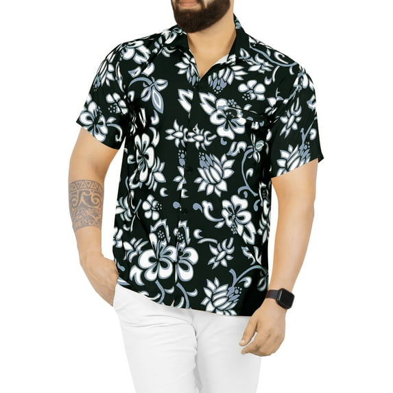 HAPPY BAY Men's Hawaiian Shirts Short Sleeve Button Down Shirt Men's Summer Shirts Casual Beach Vacation Hawaii Island Shirts for Men Funny M Allover Floral, Black
