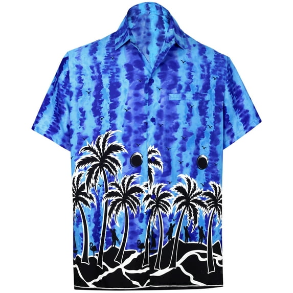 HAPPY BAY Men's Hawaiian Shirts Short Sleeve Button Down Shirt Men's Summer Shirts Casual Beach Vacation Hawaii Island Shirts for Men Funny M Landscape Drawing, Blue