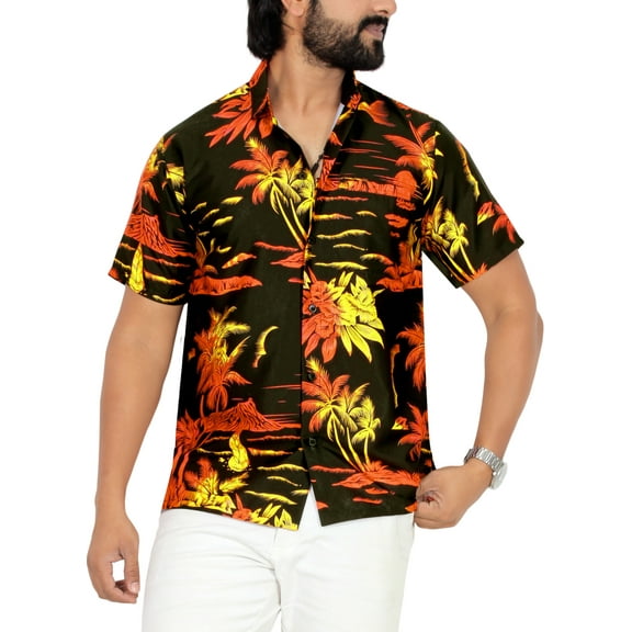 HAPPY BAY Men's Hawaiian Shirts Short Sleeve Button Down Shirt Men's Summer Shirts Casual Beach Vacation Hawaii Island Shirts for Men Funny M Night View Palm, Black