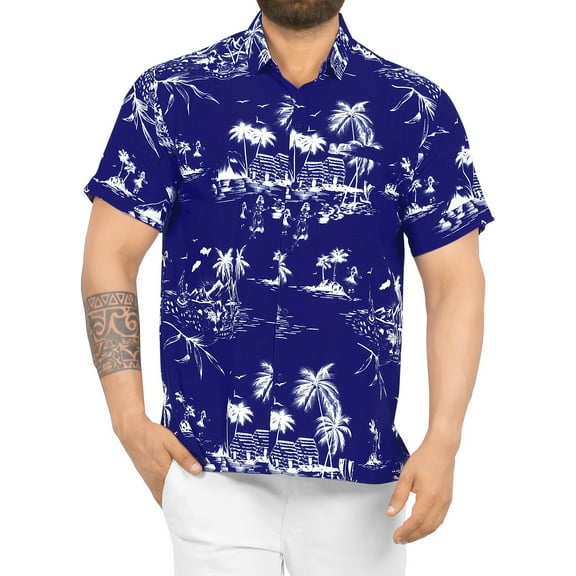 HAPPY BAY Men's Hawaiian Shirts Short Sleeve Button Down Shirt Men's Summer Shirts Casual Beach Vacation Hawaii Island Shirts for Men Funny S Tropical, Blue
