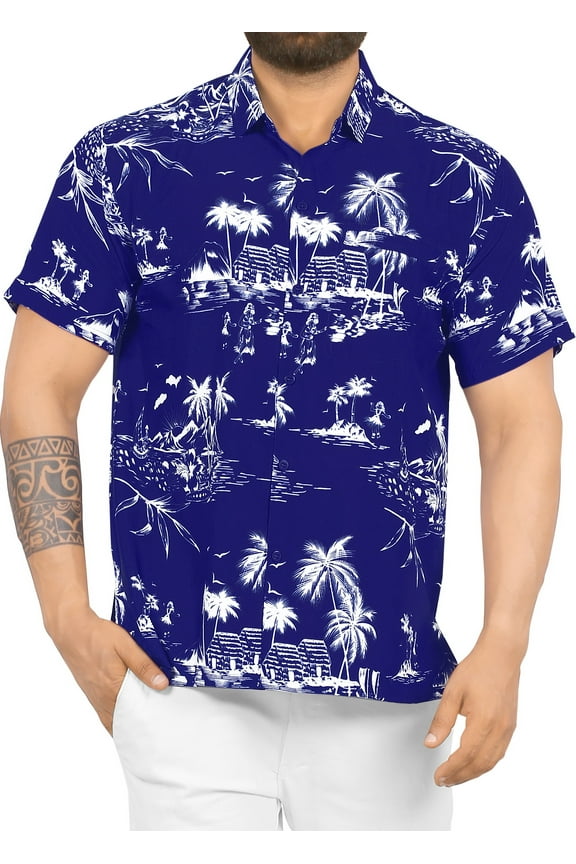 Men's Hawaiian Shirts Short Sleeve Button Down Shirt Men's Summer Shirts Casual Beach Vacation Hawaii Island Shirts for Men Funny S Tropical, Blue