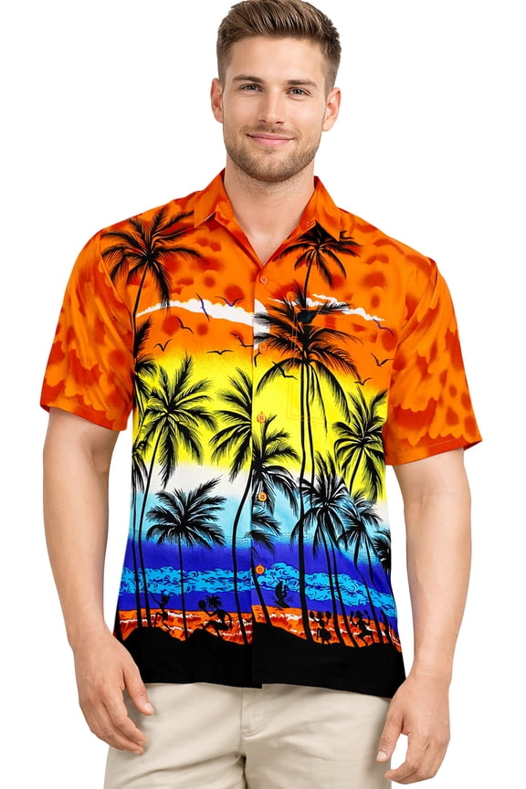 Men's Hawaiian Shirts Short Sleeve Button Down Shirt Men's Summer Shirts Casual Beach Vacation Hawaii Island Shirts for Men Funny XS Island View, Orange