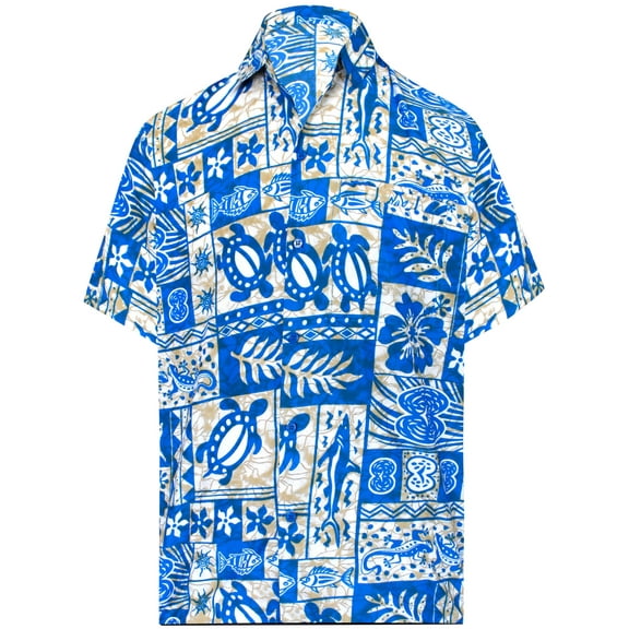 HAPPY BAY Men's Hawaiian Shirts Short Sleeve Button Down Shirt Men's Summer Shirts Casual Beach Vacation Hawaii Island Shirts for Men Funny XS Sea Collage, Bright Blue