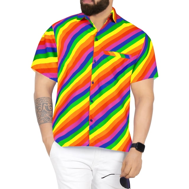 HAPPY BAY Men's Hawaiian Shirts Short Sleeve Button Down Shirt Men's Summer Shirts Casual Beach Vacation Hawaii Island Shirts for Men Funny XXL Cross Stripes, Multicolor