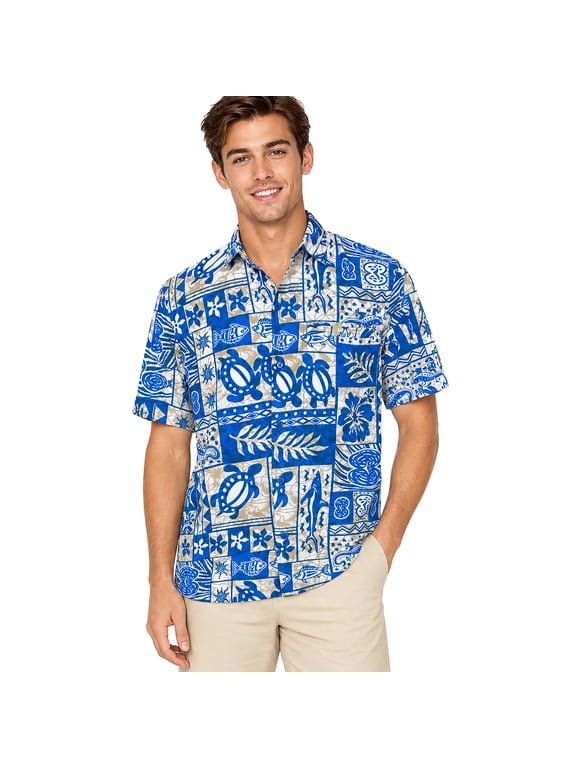 Men's Hawaiian Shirts Short Sleeve Button Down Shirt Men's Summer Shirts Casual Beach Vacation Hawaii Island Shirts for Men Funny XXL Sea Collage, Bright Blue