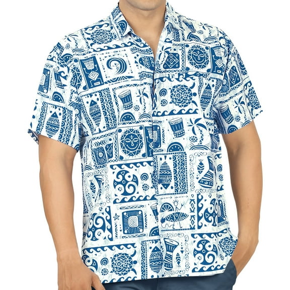 HAPPY BAY Men's Hawaiian Shirts Short Sleeve Button Down Shirt Men's Tropical Shirts Casual Holiday Summer Party Caribbean Shirts for Men Funny L Curious Floral, Blue