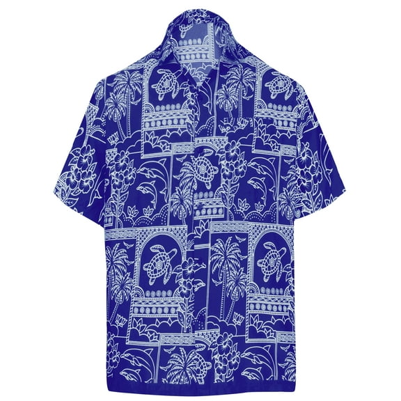HAPPY BAY Men's Hawaiian Shirts Short Sleeve Button Down Shirt Men's Tropical Shirts Casual Holiday Summer Party Caribbean Shirts for Men Funny L Island Collage Print, Blue For Dad