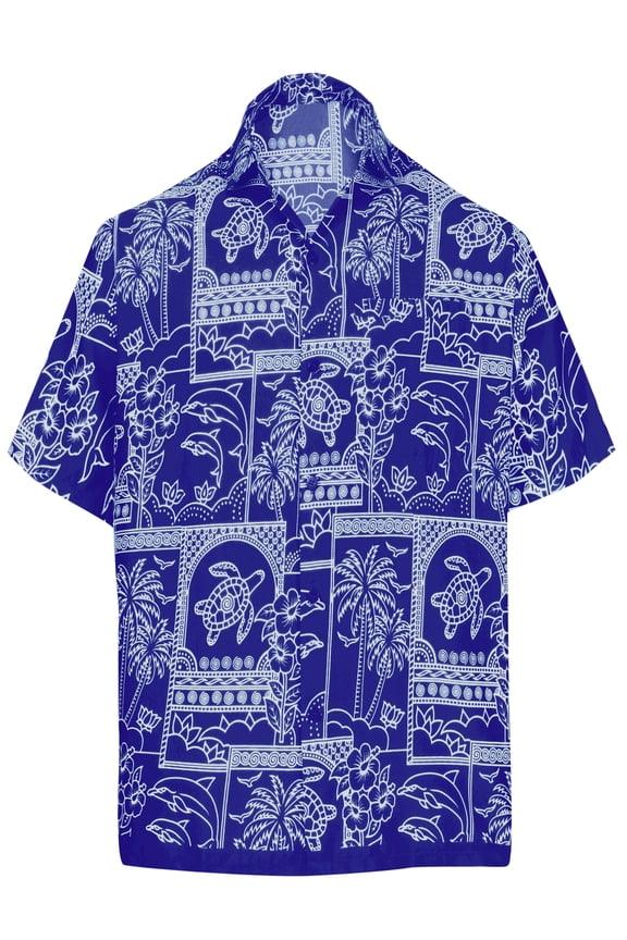 Men's Hawaiian Shirts Short Sleeve Button Down Shirt Men's Tropical Shirts Casual Holiday Summer Party Caribbean Shirts for Men Funny L Island Collage Print, Blue For Dad