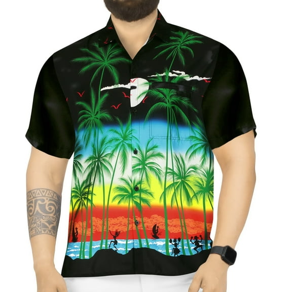 HAPPY BAY Men's Hawaiian Shirts Short Sleeve Button Down Shirt Men's Tropical Shirts Casual Holiday Summer Party Caribbean Shirts for Men Funny XL Hula Palm Tree, Black