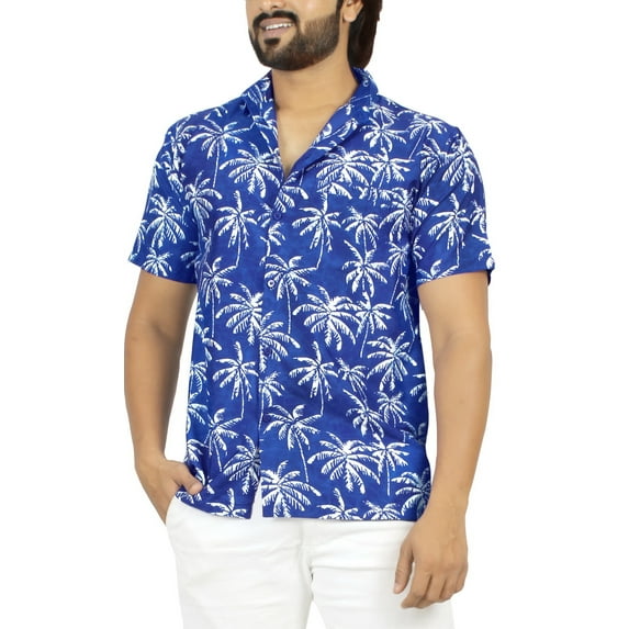 HAPPY BAY Men's Hawaiian Shirts Short Sleeve Button Down Shirt Men's Tropical Shirts Casual Holiday Summer Party Caribbean Shirts for Men Funny XXL Allover Palm Trees, Blue