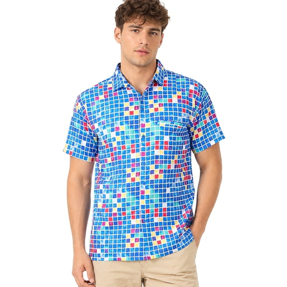 HAPPY BAY Men's Hawaiian Shirts Short Sleeve Button Down Shirt Men's Tropical Shirts Casual Holiday Summer Party Caribbean Shirts for Men Funny XXL Checks, Blue