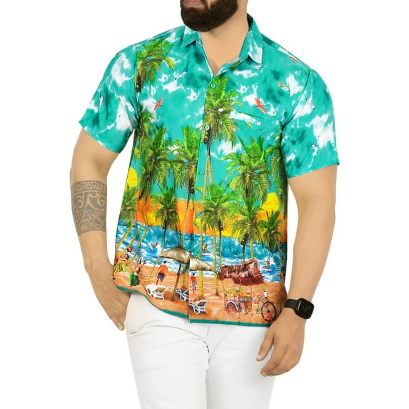HAPPY BAY Men's Hawaiian Shirts Short Sleeve Button Down Shirt Men's Tropical Shirts Casual Holiday Summer Party Shirts for Men Funny 3XL Water Surf, Autumn Turquoise