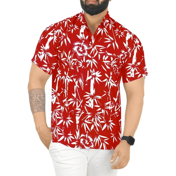HAPPY BAY Men's Hawaiian Shirts Short Sleeve Button Down Shirt Men's Tropical Shirts Casual Vacation Summer Party Caribbean Shirts for Men Funny L Leaves, Red