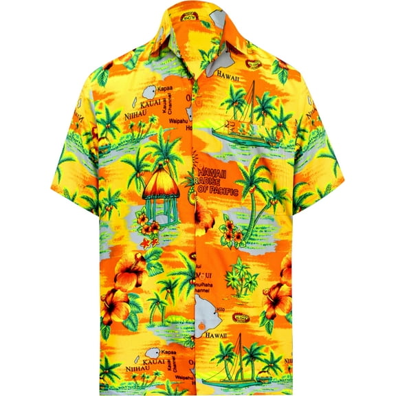 HAPPY BAY Men's Hawaiian Shirts Short Sleeve Button Down Shirt Men's Tropical Shirts Casual Vacation Summer Party Caribbean Shirts for Men Funny M Ocean Chart, Orange