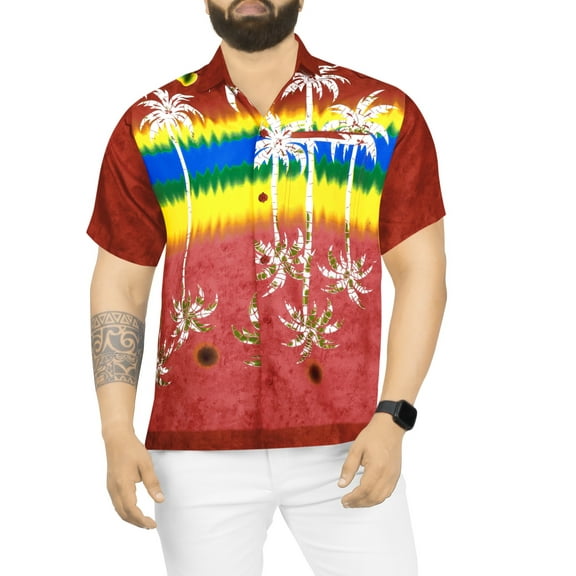 HAPPY BAY Men's Hawaiian Shirts Short Sleeve Button Down Shirt Men's Tropical Shirts Casual Vacation Summer Party Caribbean Shirts for Men Funny XS Maroon, Upside Down Palm