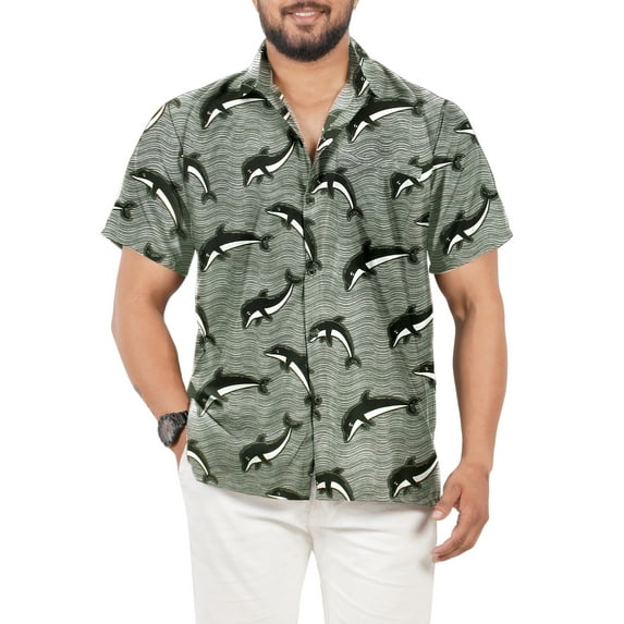 HAPPY BAY Men's Hawaiian Shirts Short Sleeve Button Down Shirt Men's Vacation Fishermen Shirts Summer Beach Casual Tropical Shirts for Men Funny L Dolphin, Black