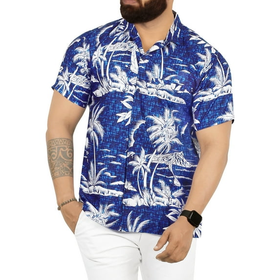 HAPPY BAY Men's Hawaiian Shirts Short Sleeve Button Down Shirt Men's Vacation Shirts Summer Beach Casual Tropical Shirts for Men Funny 4XL Palm Sea Shore, Blue