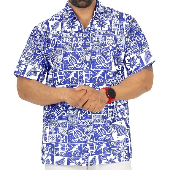 HAPPY BAY Men's Hawaiian Shirts Short Sleeve Button Down Shirt Men's Vacation Shirts Summer Beach Casual Tropical Shirts for Men Funny L Denim, Floral, Blue