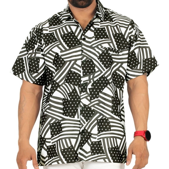 HAPPY BAY Men's Hawaiian Shirts Short Sleeve Button Down Shirt Mens 4th of July Casual Patriotic Shirts Vacation Beach Summer Party Shirts for Men Funny M Stars And Stripes, Black