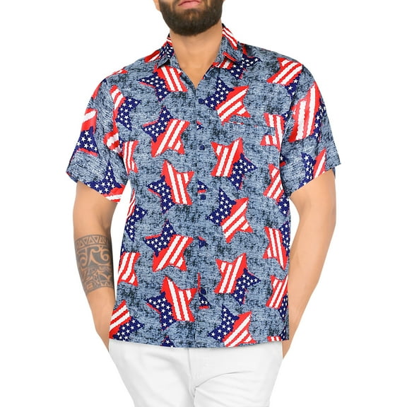 HAPPY BAY Men's Hawaiian Shirts Short Sleeve Button Down Shirt Mens 4th of July Hawaii Shirts Holiday Casual Summer Beach Patriotic Shirts for Men Funny L Freedom Stars, Grey