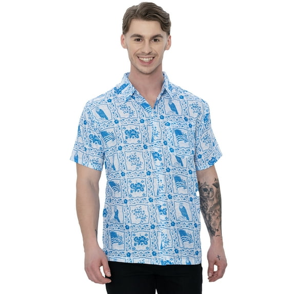 HAPPY BAY Men's Hawaiian Shirts Short Sleeve Button Down Shirt Mens 4th of July Hawaii Shirts Holiday Casual Summer Beach Patriotic Shirts for Men S White, US Flag Eagle For Dad