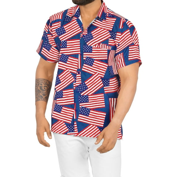 HAPPY BAY Men's Hawaiian Shirts Short Sleeve Button Down Shirt Mens 4th of July Hawaii Shirts Vacation Casual Summer Beach Patriotic Shirts for Men Funny 3XL US Flags, Red