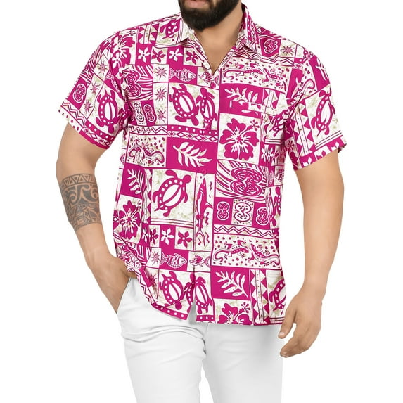HAPPY BAY Men's Hawaiian Shirts Short Sleeve Button Down Shirt Mens Casual Shirts Holiday Tropical Beach Summer Party Shirts for Men Funny M Sea Collage, Autumn Pink