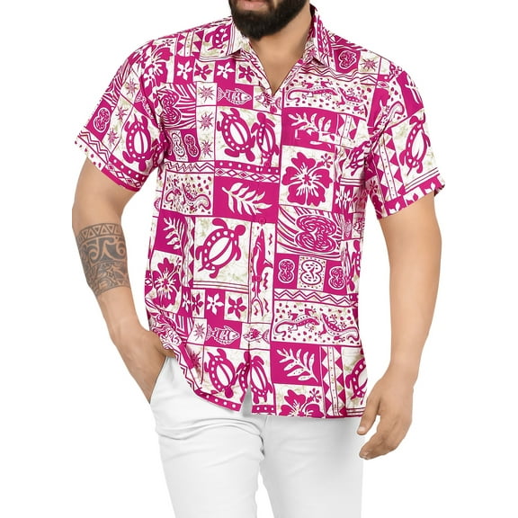 HAPPY BAY Men's Hawaiian Shirts Short Sleeve Button Down Shirt Mens Casual Shirts Holiday Tropical Beach Summer Party Shirts for Men Funny M Sea Collage, Autumn Pink