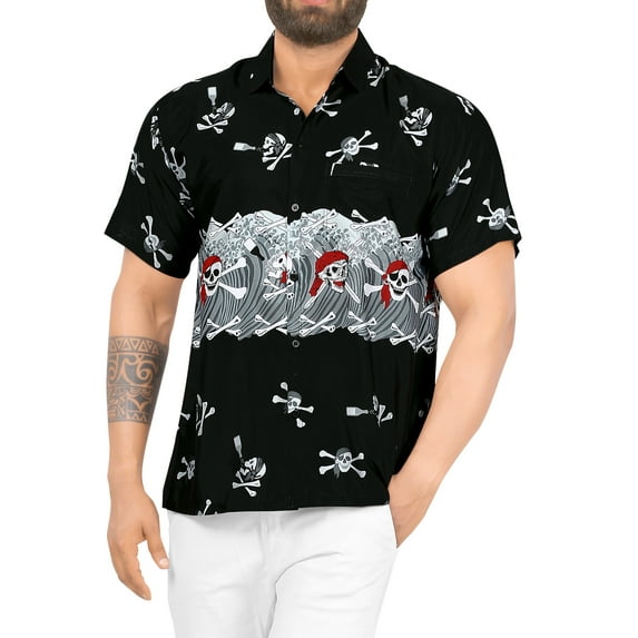 HAPPY BAY Men's Hawaiian Shirts Short Sleeve Button Down Shirt Mens Casual Shirts Holiday Tropical Beach Summer Party Shirts for Men Funny XL Cross Skull, Black