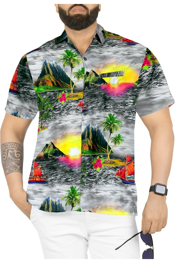 Men's Hawaiian Shirts Short Sleeve Button Down Shirt Mens Casual Shirts Holiday Tropical Summer Party Shirts for Men Funny S Beach Sunset, Grey