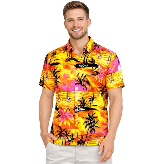 HAPPY BAY Men's Hawaiian Shirts Short Sleeve Button Down Shirt Mens Casual Shirts Vacation Tropical Beach Summer Party Shirts for Men Funny S Island View, Orange