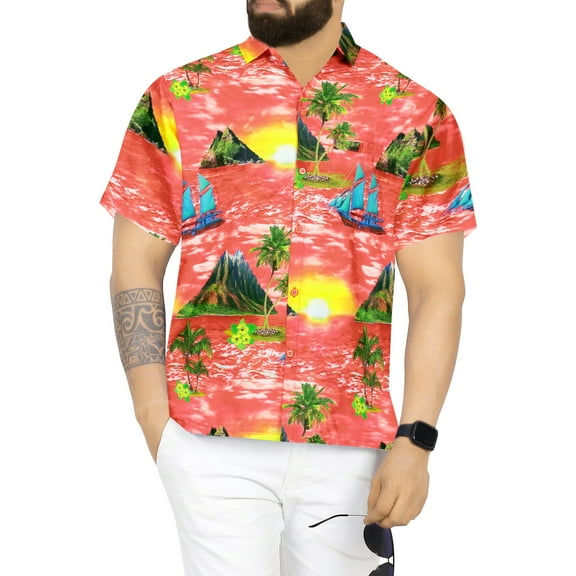 HAPPY BAY Men's Hawaiian Shirts Short Sleeve Button Down Shirt Mens Hawaii Shirts Boho Holiday Casual Summer Beach Shirts for Men Funny M Beach Sunset, Red