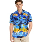HAPPY BAY Mens Hawaiian Shirts Short Sleeve Button Down Shirt Mens Hawaii Shirts Boho Vacation Casual Summer Beach Shirts for Men Funny M Tropical View, Blue