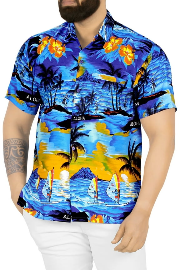 Men's Hawaiian Shirts Short Sleeve Button Down Shirt Mens Hawaii Shirts Boho Vacation Casual Summer Beach Shirts for Men Funny M Tropical View, Blue