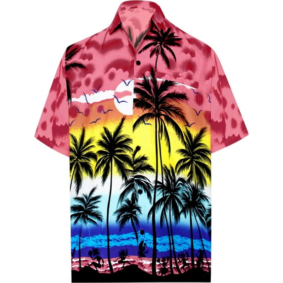 HAPPY BAY Men's Hawaiian Shirts Short Sleeve Button Down Shirt Mens Hawaii Shirts Boho Vacation Casual Summer Beach Shirts for Men Funny S Palm Island View, Red