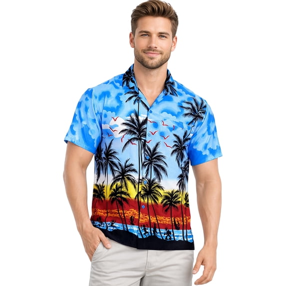 HAPPY BAY Men's Hawaiian Shirts Short Sleeve Button Down Shirt Mens Hawaii Shirts Boho Vacation Casual Summer Beach Shirts for Men Funny XS Island View, Blue