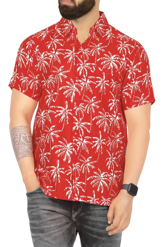 Men's Hawaiian Shirts Short Sleeve Button Down Shirt Mens Holiday Shirts Summer Beach Casual Aloha Tropical Shirts for Men Funny 4XL Allover Palm Trees, Red