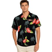 HAPPY BAY Mens Hawaiian Shirts Short Sleeve Button Down Shirt Mens Holiday Shirts Summer Beach Casual Aloha Tropical Shirts for Men Funny 5XL Hibiscus Palm, Black