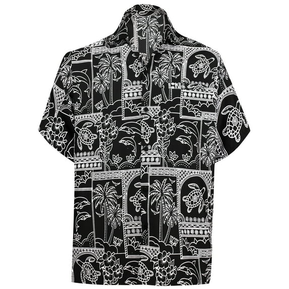 HAPPY BAY Men's Hawaiian Shirts Short Sleeve Button Down Shirt Mens Holiday Shirts Summer Beach Casual Aloha Tropical Shirts for Men Funny XL Island Collage Print, Black For Dad