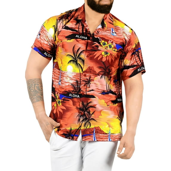 HAPPY BAY Men's Hawaiian Shirts Short Sleeve Button Down Shirt Mens Holiday Shirts Summer Casual Holiday Tropical Shirts for Men Funny S Beach Scenic, Red