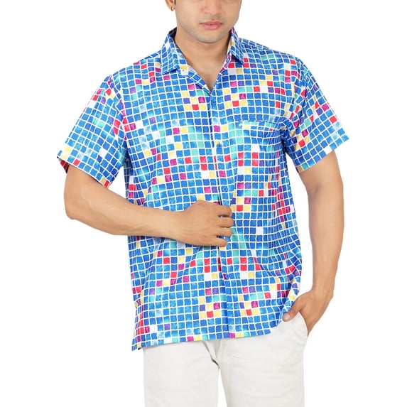 HAPPY BAY Men's Hawaiian Shirts Short Sleeve Button Down Shirt Mens Party Shirts Casual Holiday Summer Tropical Island Shirts for Men Funny M Checks, Blue