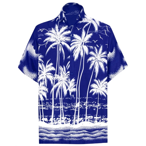 HAPPY BAY Men's Hawaiian Shirts Short Sleeve Button Down Shirt Mens Party Shirts Casual Holiday Summer Tropical Island Shirts for Men Funny M Palm Tree Sea Shore, Blue