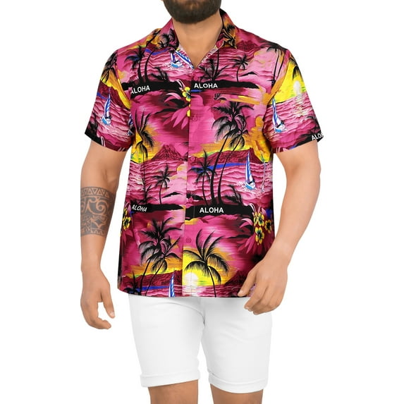HAPPY BAY Men's Hawaiian Shirts Short Sleeve Button Down Shirt Mens Party Shirts Casual Vacation Summer Tropical Island Shirts for Men Funny 5XL Scenic, Pink