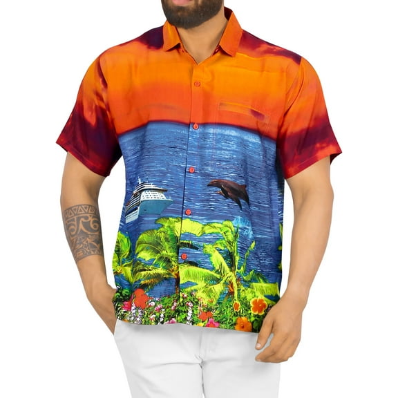 HAPPY BAY Men's Hawaiian Shirts Short Sleeve Button Down Shirt Mens Party Shirts Casual Vacation Summer Tropical Island Shirts for Men Funny S Dolphin Sea, Orange