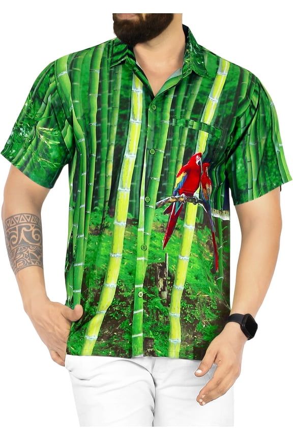 Men's Hawaiian Shirts Short Sleeve Button Down Shirt Mens Party Shirts Casual Vacation Summer Tropical Shirts for Men Funny L Bamboos, Green