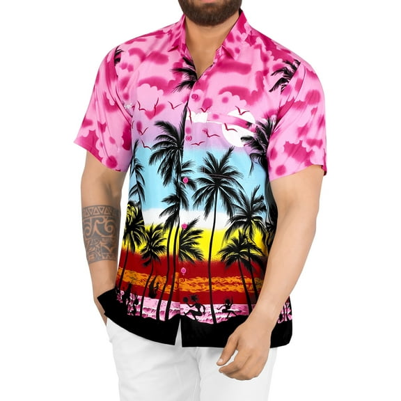 HAPPY BAY Men's Hawaiian Shirts Short Sleeve Button Down Shirt Mens Summer Shirts Casual Beach Holiday Hawaii Island Shirts for Men Funny L Island View, Pink