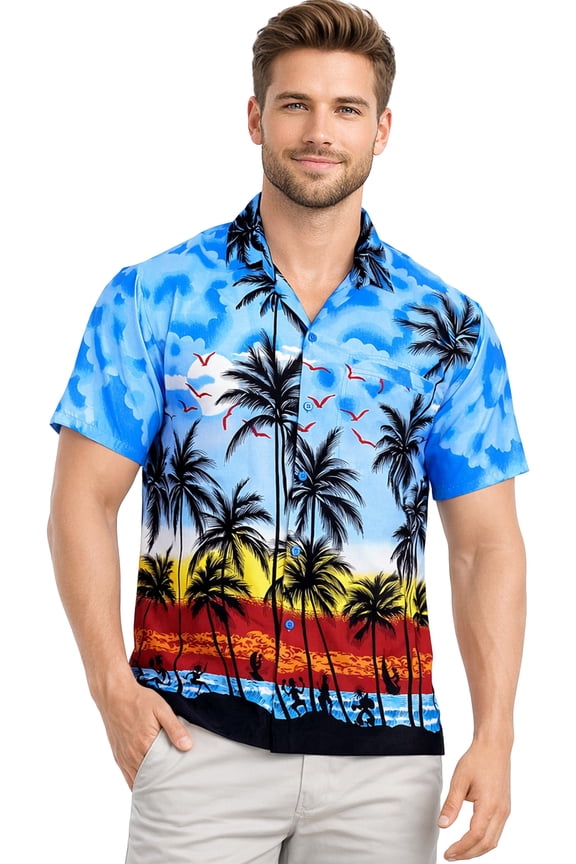 Men's Hawaiian Shirts Short Sleeve Button Down Shirt Mens Summer Shirts Casual Beach Holiday Hawaii Island Shirts for Men Funny S Island View, Blue