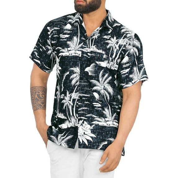 HAPPY BAY Men's Hawaiian Shirts Short Sleeve Button Down Shirt Mens Summer Shirts Casual Beach Holiday Hawaii Island Shirts for Men Funny XL Palm Sea Shore, Black