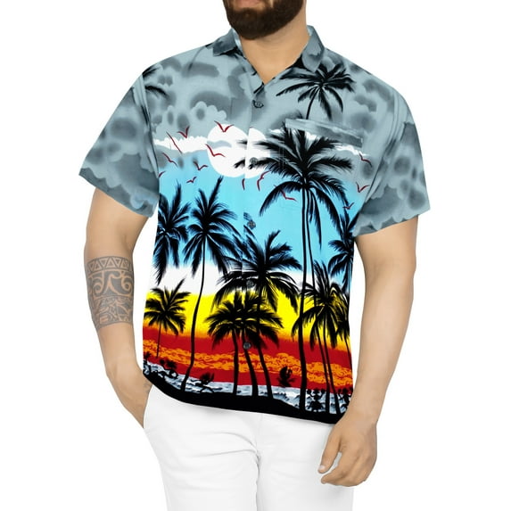 HAPPY BAY Men's Hawaiian Shirts Short Sleeve Button Down Shirt Mens Summer Shirts Casual Beach Holiday Hawaii Island Shirts for Men Funny XS Palm Tree Island View, Greys From Kids